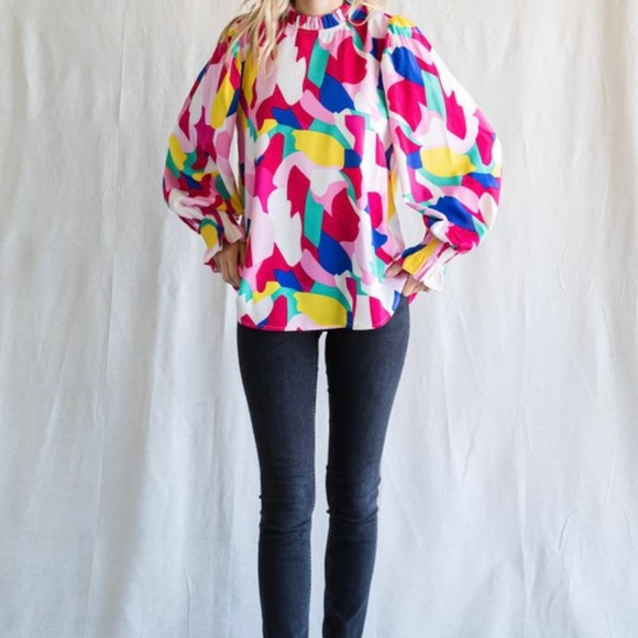 Jodifl Fuchsia Mix Abstract Print Long Poet Sleeve Top - Picture 3 of 5